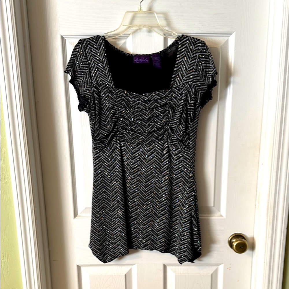 Black Ruffled Blouse with Cap Sleeves and Square Neckline